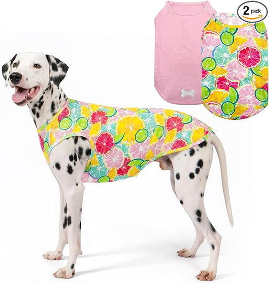 KYEESE 2Pack Dog Shirt, Lightweight Sun Protection Dog T Shirts for Medium Large Dogs Girl, Breathable Mesh Tank Top Sleeveless Pet Reflective Vest, Soft Summer Dogs Clothes, Lemon+Pink, 2XL