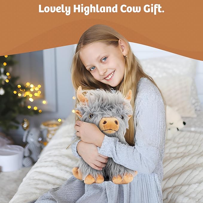 Marysun Highland Cow Stuffed Animal Toy, Gray Microwavable Highland Cow Gift for Girls and Kids, 9.8in, 1.65lb