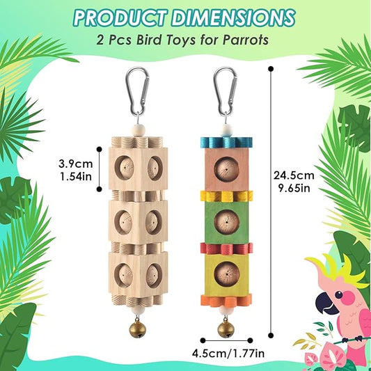 DBNESS 2 PCS Bird Chew Toys for Beak Grinding, Hanging Rotating Wood Block with Bell Parrot Foraging Enrichment Chewing Toy for Small to Medium Conure Cocktie Caique Similar Sized Pet Birds