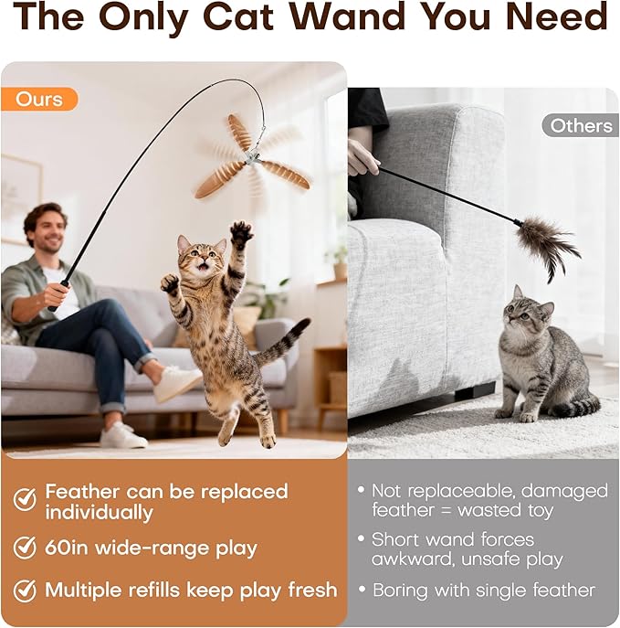 Potaroma Carbon Fiber Cat Wand Toy – Lightweight Retractable Interactive Feather Teaser Stick with 6 Detachable Feathers, Indoor Kitten Fishing Pole Toy with Bells, Durable Enrichment Fun