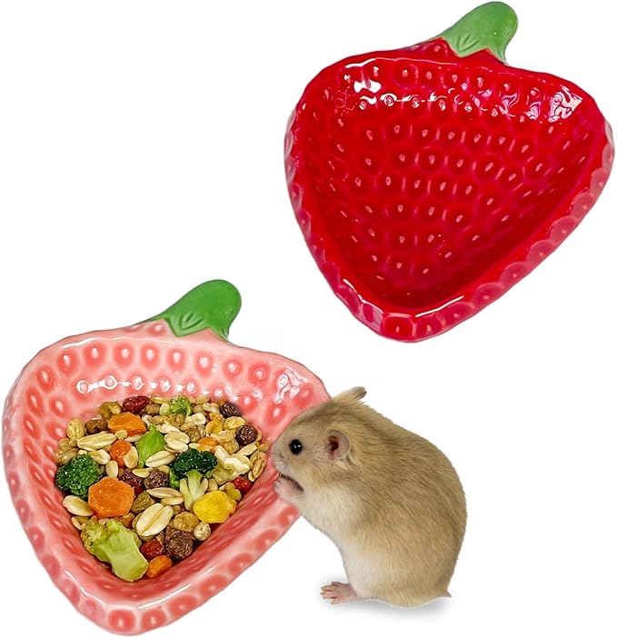 2PCS Hamster Bowl, Hamster Food Dish Ceramic Food Water Feeding Bowl Small Animal Bowls for Gerbil Rat Mice Hedgehog (Strawberry)