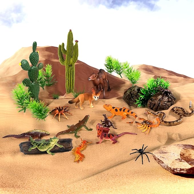 SIENON 32Pcs Desert Animal Figures Playset Model Trees Cactus Kit Diorama Project with Camel Fennec Fox Rattlesnake Scorpion Lizard Reptile Toy for Kids Birthday Cake Toppers Party Decorations