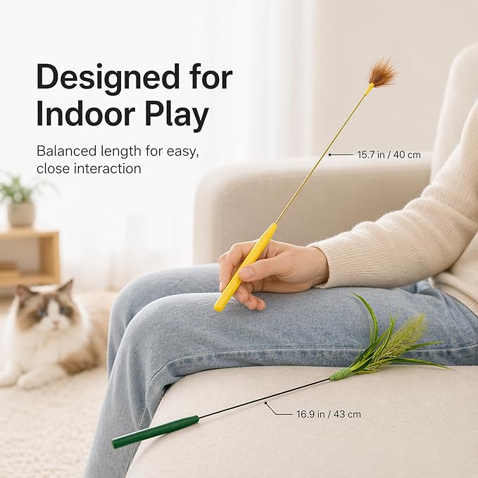 Mini Cat Wand Toy Set - Fast Motion Interactive Cat Teaser, Small Feather & Flowing Feather Tips, Flexible Wire Wand for Indoor Cats, Close-Range Play, 2 Pack