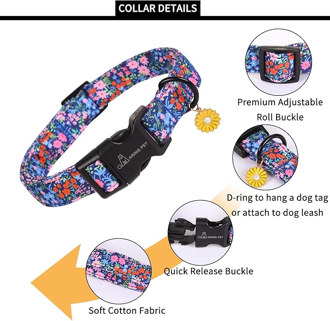 ARING PET Floral Dog Collar, Cute Blue Pink Orange Spring Summer Flower Doggy Pet Collars for Puppy Small Medium Large Girl Female Dogs-XS