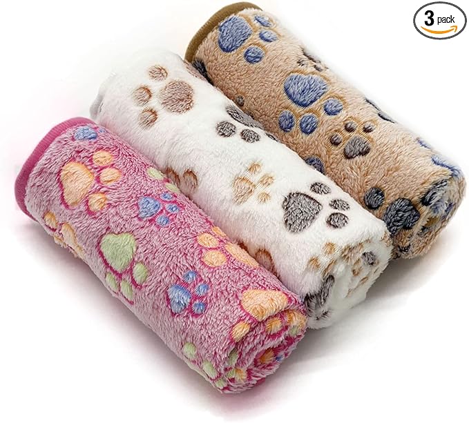 SORKUT 1 Pack 3 Puppy Dog Blankets Super Soft Warm Sleep Mat Fluffy Premium Fleece Pet Blanket Flannel Throw for Dog Puppy Cat - Paw Print Beige/Pink/Brown Small(23"x15")