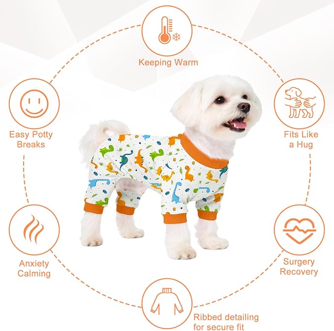 Dog Pajamas for Small Medium Dogs Recovery Suit Dog Pjs Dog Onesie Cute Soft Breathable Puppy Pajamas Pet Spring Summer Stretchy Pjs for Boy Girl - Orange Dinosaurs