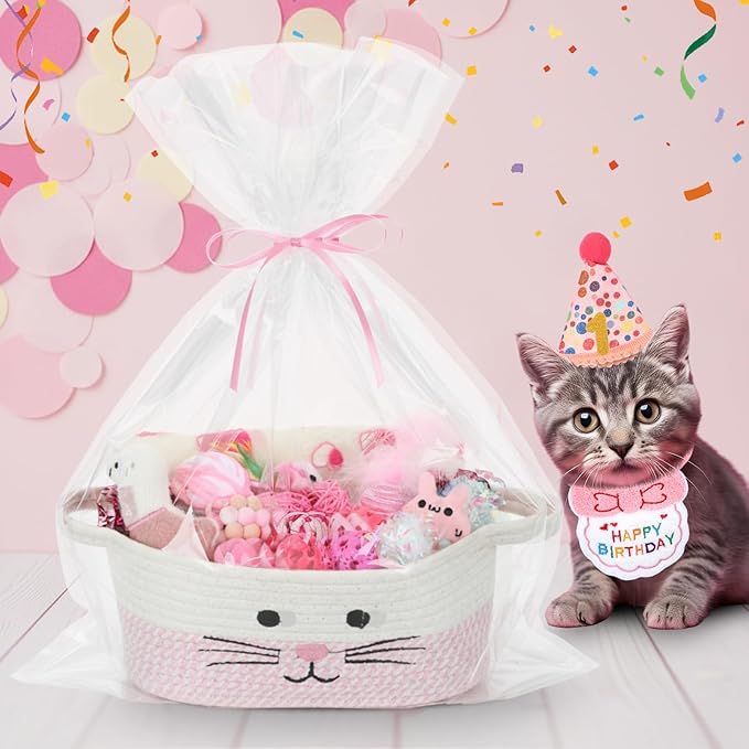 Zopeal Mother’s Day Cat Toy Set Interactive Cat Toys Pack Including Feather Teaser Wand Plush Gift Outfit Mice Crinkle Balls and Pet Bell Balls, Puzzle for Indoor Cats Gift Basket for Kitten(Pink)