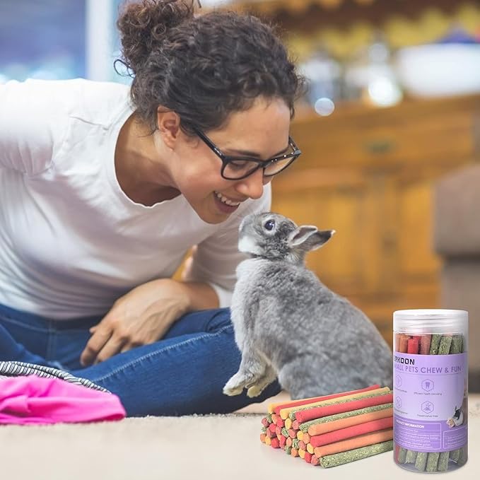 ERKOON 120Pcs Rabbit Timothy Hay Sticks, Five Flavors：PurplePotato/TimothyHay/Pumpkin/Strawberry/Carrot，Suitable Guinea Pig, Hamste, Gerbil, Chinchilla Treats, Chew Toys for Teeth for Bunnies