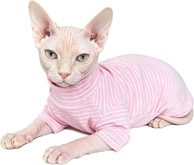 Sphynx Cat Clothes for Cats Only, Narrow Striped Sphynx Shirt Clothes T-Shirts Sweatshirt with Sleeves, Soft Kitten Sphinx Clothes Pet Apparel Devon Rex,Cornish Rex,Peterbald,Pink,S