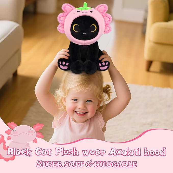 Axolotl Plush Toy, 8inch Kawaii Black Cat Wear Strawberry Plush Removable Hood, Cute Plushies Soft Stuffed Animal Doll, Valentine's Day Birthday Gift for Kids Boys Girls Adults