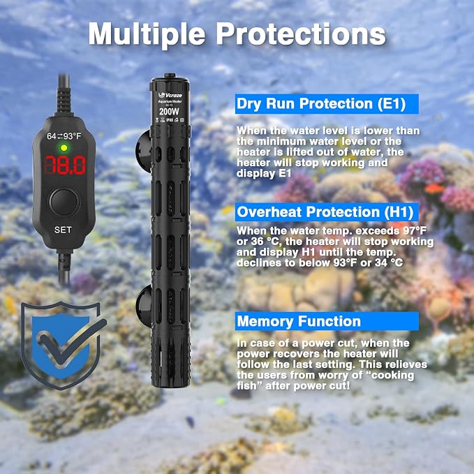 Aquarium Heater 200W, Submersible Fish Tank Heater with LED Digital Display, Auto Power-Off When Leaving Water & High Temp Protection, for Fresh and Salt Water Tanks 20-40 Gal