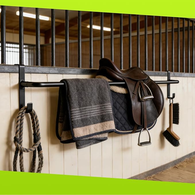 2Pcs Heavy Duty Horse Blanket Rack with Bridle Hooks, No-Drill Wall Mounted Assembled Blanket Bar, Saddle Pad Rack for Horse Tack Storage, Black