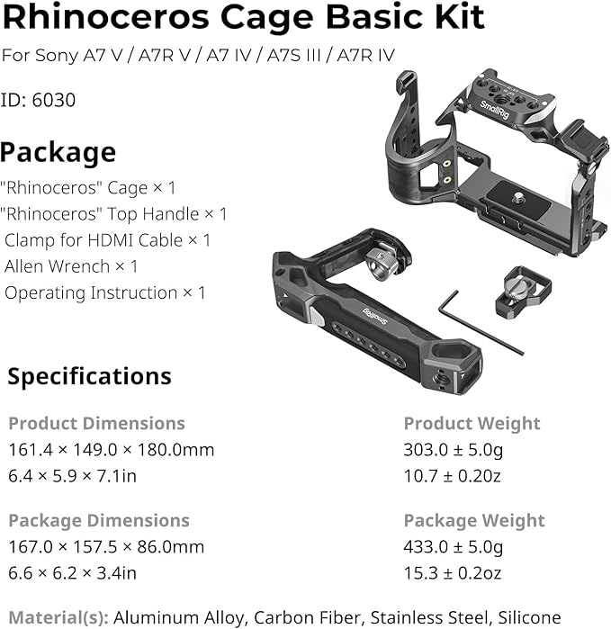 SmallRig A7 V / A7R V / A7 IV Rhinoceros Cage Basic Kit for Sony Alpha 7 V/Alpha 7R V/Alpha 7 IV/Alpha 7S III/Alpha 7R IV, Includes Top Handle/Cable Clamp for HDMI