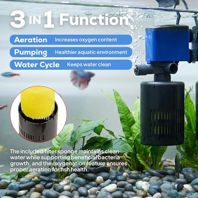 Aqua Dream 210 GPH Internal Aquarium Filter - 3 in 1 Submersible Powerhead Pump with Air Oxygenation & Sponge Filtration, 15W Adjustable Flow Water Cycling Pump for Fish Tanks - 5 Pcs