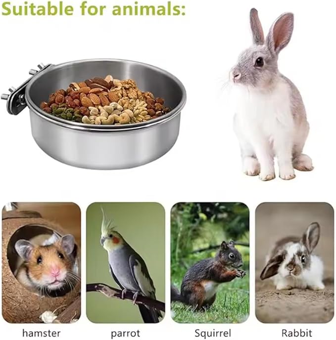 Bird Bowls for Cage Stainless Steel, Parakeet Feeding Dish Cups with Clamp Holder, Hanging Hamster Foraging Food Water Bowl for Parrot Cockatiel Budgies Bunny Hedgehog Dog Cat (4.7*2inch,Silver)
