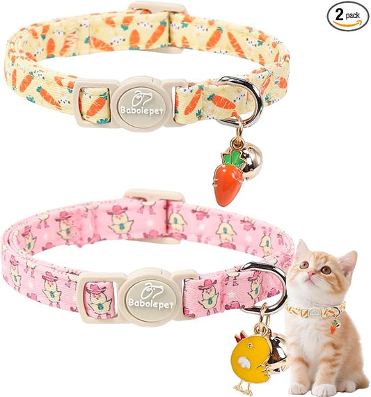 2 Pack Easter Cat Collars - Playful Chick & Carrot Easter Breakaway Cat Collar with Bell & Matching Pendant, Adjustable Spring Holiday Pink Yellow Kitten Collars for Boy Girl Cats