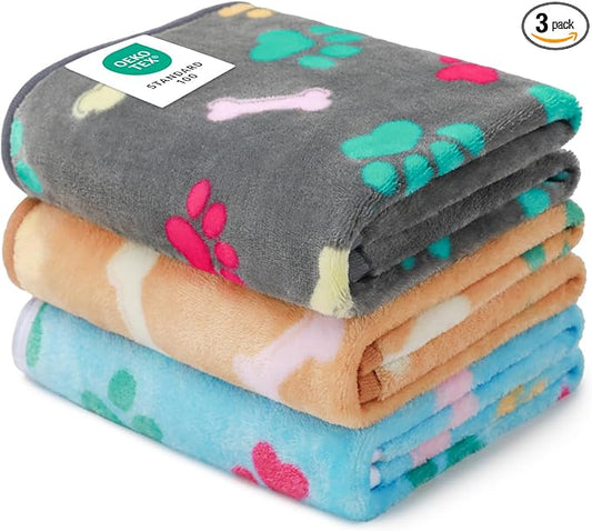 Luciphia 1 Pack 3 Blankets Fluffy Premium Fleece Pet Blanket Flannel Paw Printed Throw for Dog Cat(Small 23x16'', Grey/Brown/Blue)