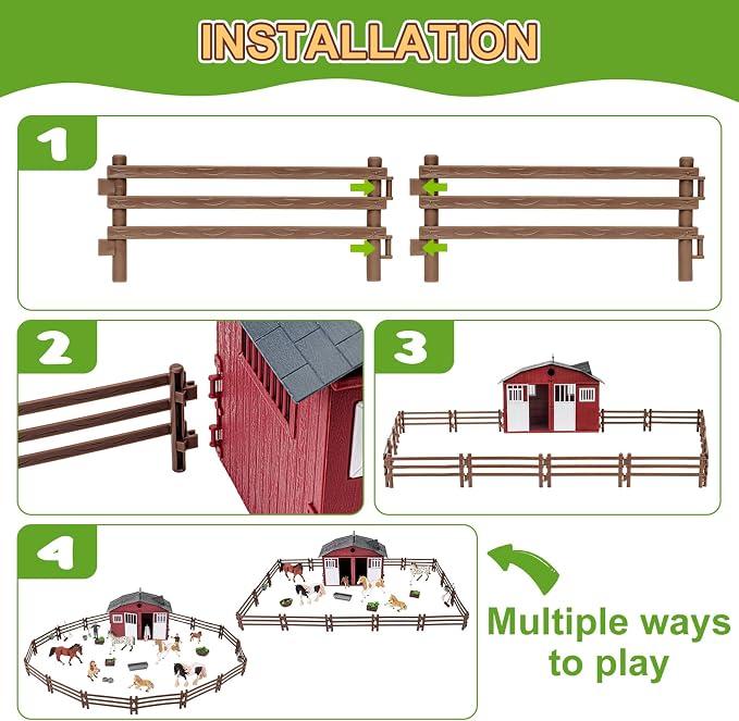 47PCS Horse Toys Stable Playset with Farm Fences for Girls Boys, Solid Plastic Horse Stable with a Handle, Farm Animal Barn Toys Horse Figurines for Kids, Birthday Gift Cake Toppers