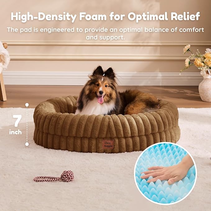 ChiXnuggle Dog Bed Medium Sized Dog - Luxury Striped Faux Fur Waterproof Pet Couch with Removable Washable Cover, Orthopedic Pet Bed with Bolster Sides for Sleeping, Brown