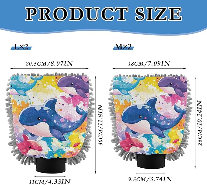 Car Wash Mitt Microfiber Wash Mitts for Car Washing Scratch-Free Cleaning Gloves Soft Non Absorbent Chenille Auto Hand Mitt Medium 2Pack Tie Dye Whales and Fishes