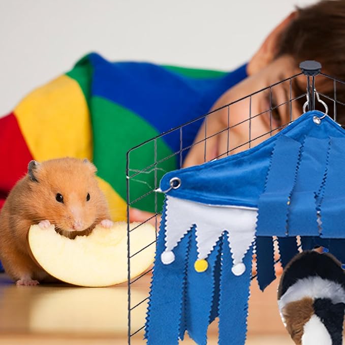 Milisten Small Pet Tassel Tent Corner Hideout with Hammock for Hamsters Guinea Pigs Rabbits Blue Cozy Small Animal Hideaway Bed for Cage Habitat