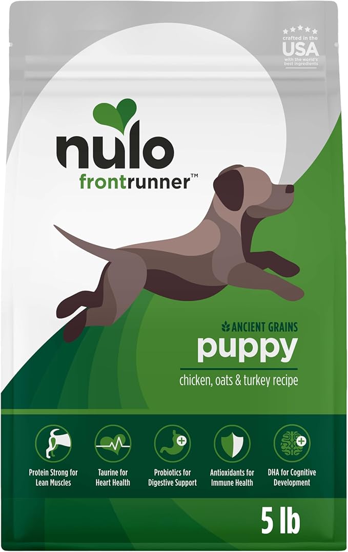 Nulo Frontrunner Puppy Food - High-Protein Chicken, Oats & Turkey Recipe Kibble, Natural Dry Dog Food with DHA, Ancient Grains, Probiotics, Taurine, Omega 3 for Small, Medium & Large Breeds, 5lb Bag