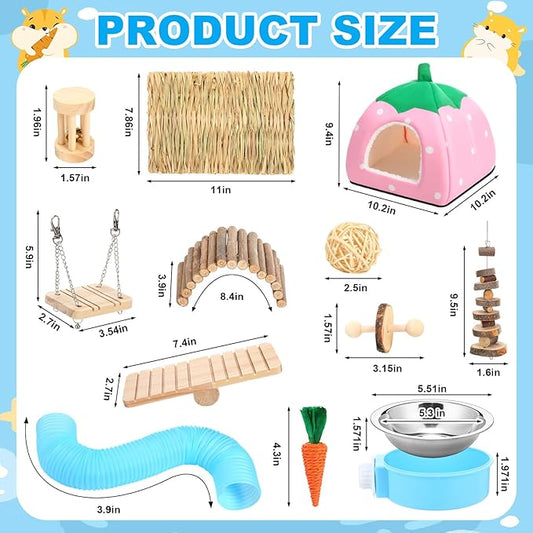 Youyole 13 Pcs Guinea Pig Starter Kit Hamster Toys Bed Guinea Pig Cage Accessories with Tunnel Grass Mats Pet Food Bowl for Christmas Chinchillas Hedgehogs Ferrets Rabbit Hideout Essentials(Pink)
