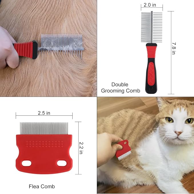 Wisedog Dog Grooming Kit, Reddish-black, 8PCS | Pin & Bristle Brush, Slicker Brush, Dematting Tool, Nail Clipper, Hair Removal Mitts, Flea Comb