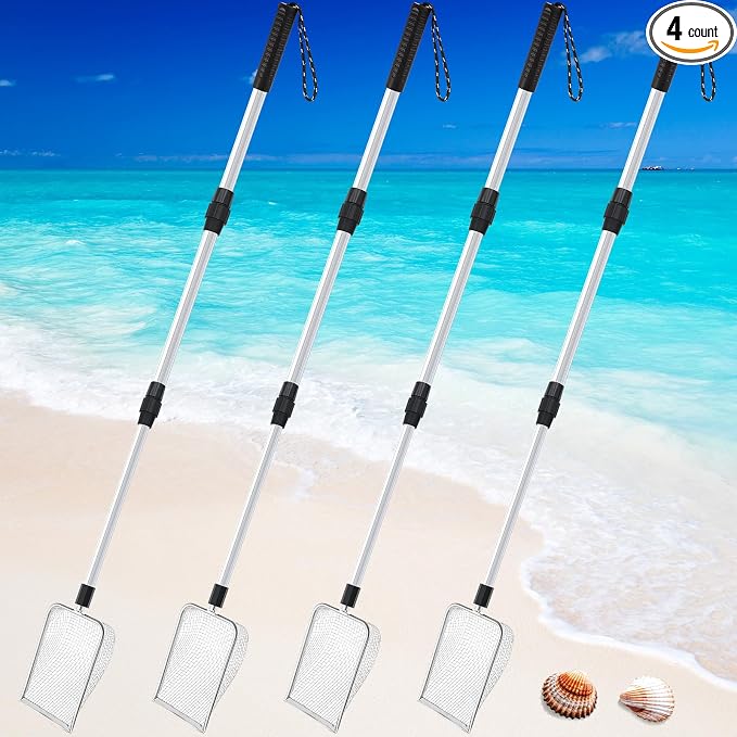 Roshtia 4 Pcs Beach Sand Sifter Set, Adjustable Long Handle Shell Scoop, Shark Tooth Sifter Mesh Shovel for Family Seashell Collecting, Sea Glass Hunting and Beach Treasure Fun