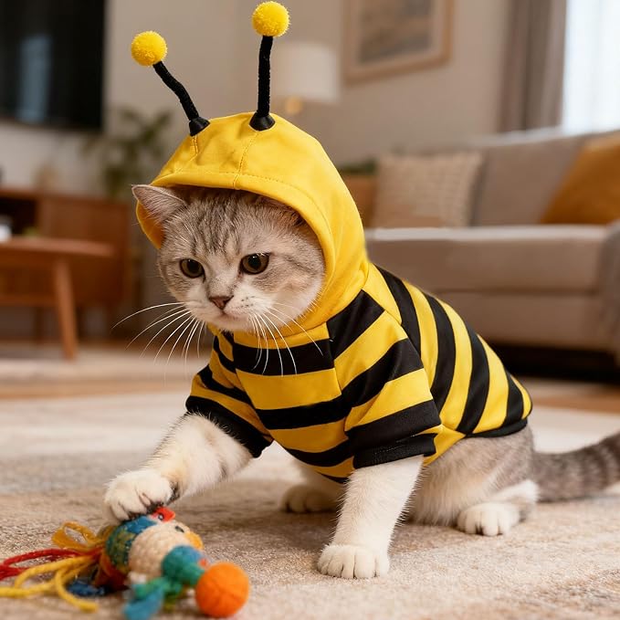 Bumblebee Cat Costume for Sphynx & Small Dogs, Fit Halloween, Yellow, XS | Cute Bee Stripes Hoodie, Soft Warm Fleece, Holiday Cosplay Outfit, Daily Leisure Wear, Easy to Put, Safe for Leash Walking