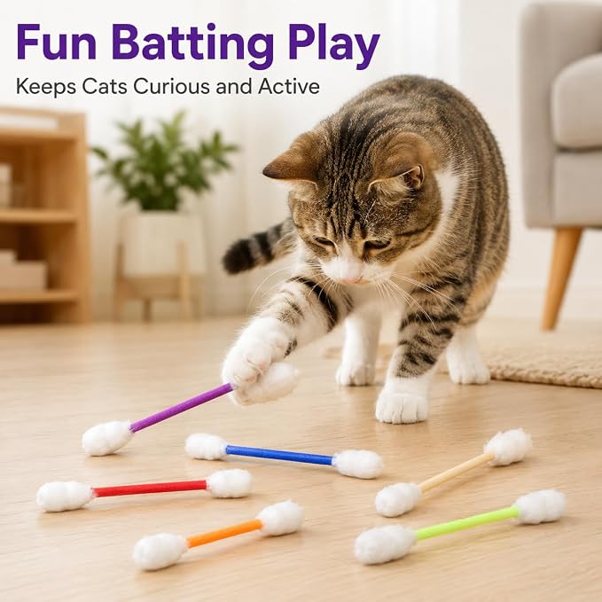 Cat Q Tip Toy with Catnip Cotton Swabs Qtip Cat Toy Pack Catnip Toys for Indoor Cats Giant Qtip Cat Toy Chew Sticks, Durable Felt Interactive