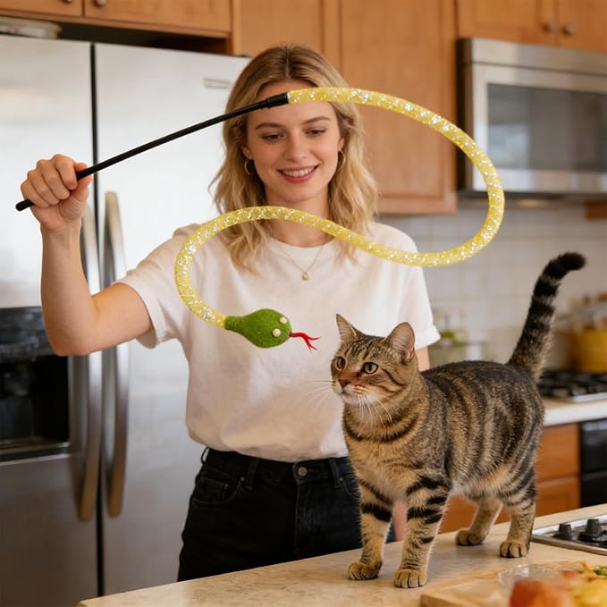 Cat Teaser Wand Toy for Indoor Cats, Cute Mesh Snake & Crinkle Plush Fabric Kitten Wand Kitty Toys Interactive Play Chase Exercise Wand String Toys Cat Toys for All Breed Sizes (Yellow,14.57+30.7inch)