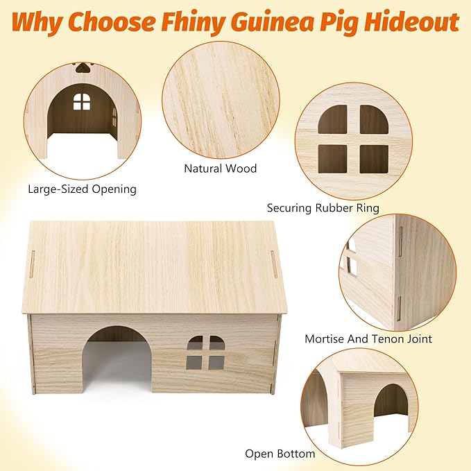 Fhiny Wooden Guinea Pig Hideout, 15.2 x 9.1 x 9.8 inch Large Guinea Pig House with Entrances and Windows Detachable Small Animal House for Bunnies Dwarf Rabbits Chinchillas Hedgehogs to Rest and Hide