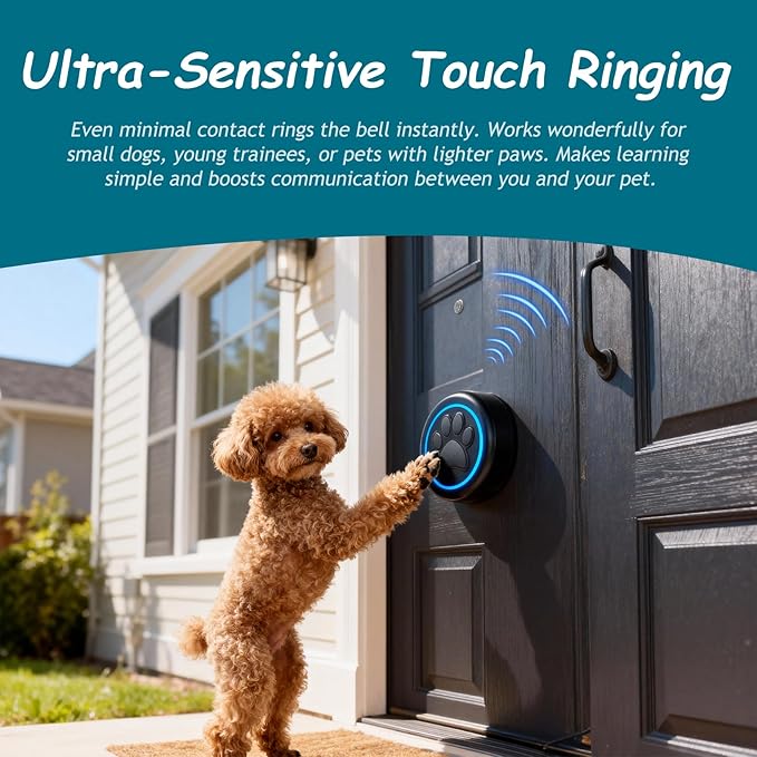 Halo Paw Smart Dog Door Bell – Touch-to-Ring BK Dog Bells to Go Outside, LED Light Wireless Dog Buttons & Dog Clicker for Communication, Waterproof Bell for Dogs to Ring to Go Potty(2 Bells & 1 Chime)