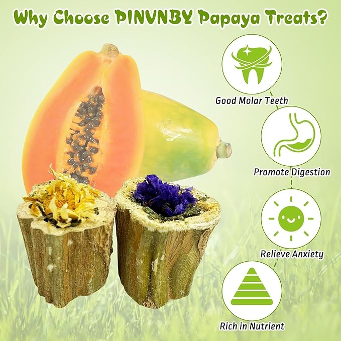 PINVNBY Rabbit Chew Toys for Bunny Natural Papaya Wood Bunny Treats with Alfalfa Hay and Dried Flower Guniea Pig Molar Snacks for Hamster Chinchilla Gerbil Small Animals Teeth Grinding (3.52 oz/100 g)