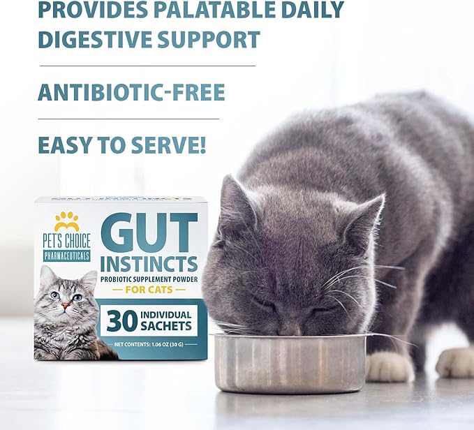 Pet's Choice Gut Instincts Probiotic Supplement Powder Packets for Cats, 30 ct, Veterinary Formulated Cat Probiotics with Vitamins for Gut Health, Digestive Balance, Diarrhea Support, Chicken Flavor