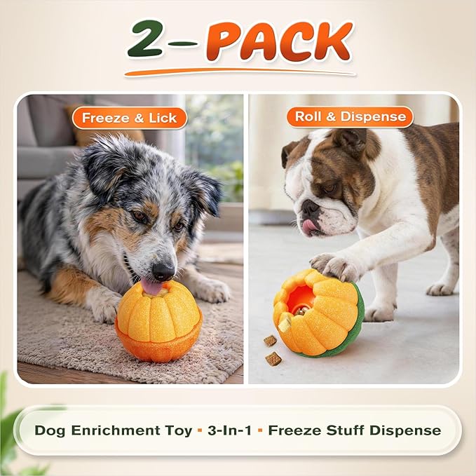 KADTC 2 Pack 3-in-1 Dog Frozen Treat Ball, Large Size, No-Transfer Fill & Freeze Lick Cup, Treat Dispenser & Tough Chew Toy, Long-Lasting Enrichment Toy for Dogs, Orange-Shaped