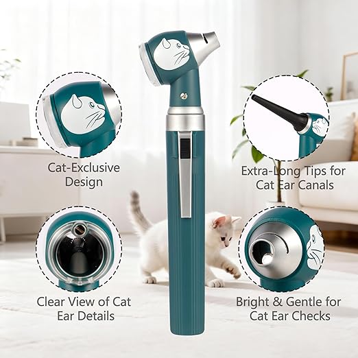 Veterinary LED Otoscope for Pets Cat-Design - Ear Infection Detector with Light, 6 Disposable Tips for Dogs & Cats, Portable Home Ear Checker (Green)