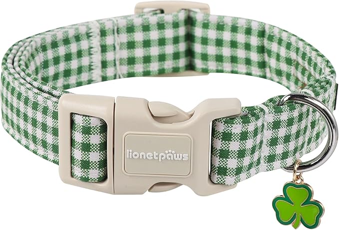 Lionet Paws St. Patrick Dog Collar, Comfortable Adjustable Green Collar with Green and White Grid Pattern for X-Small Male Female Puppies Dogs Collars, Neck 8-12 inches