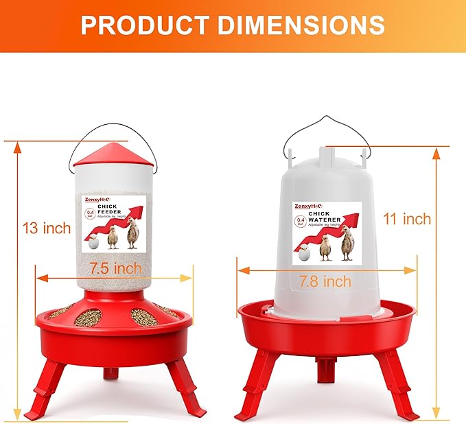 2-in-1 Chick Starter Set: 0.4 Gal Top Filling Feeder and 0.4 Gal Waterer with Adjustable Legs for Baby Chicks, Includes Scoop, Hanging Hooks, Anti-Drown Design (Red)
