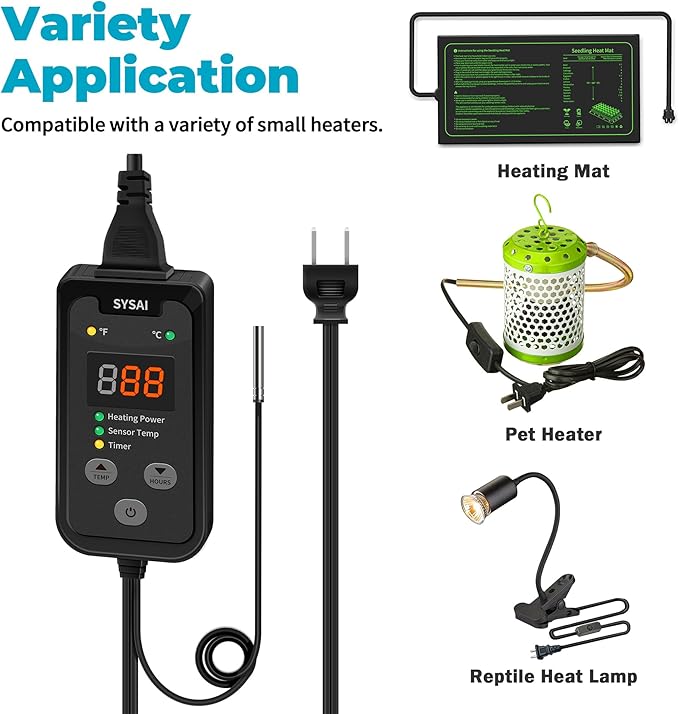 SYSAI Digital Thermostat Controller for Reptile Tank & Heat Mat, Seed Germination, Breeding & Home Brewing, 1A 100W, High Accuracy °F/°C Probe, 60-94°F