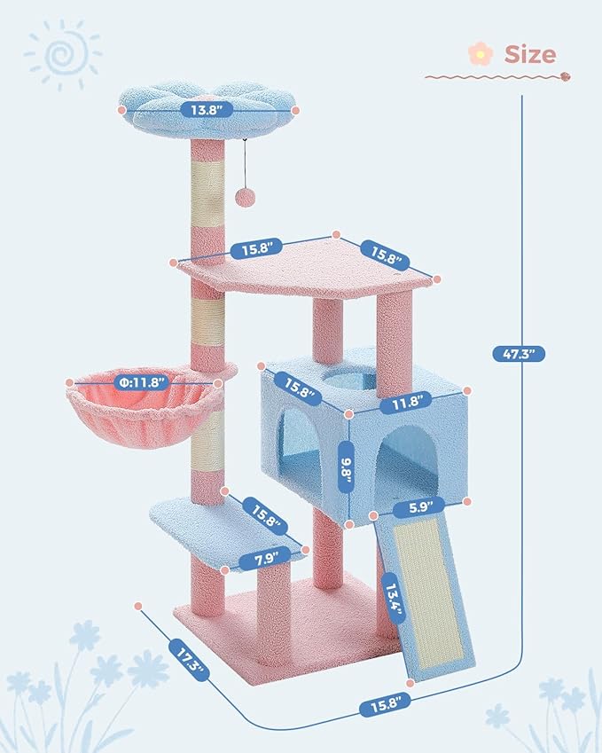 MUTTROS Flower Cat Tree 47.2" Multi-Level Cat Tower with Sisal Covered Scratching Posts, Cute Cat Condo for Indoor Small Medium Cats, Pink Top Perch, Ramp, Fluffy Ball, Blue