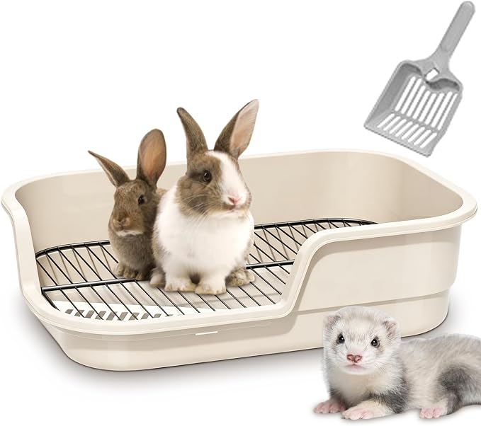 Large Rabbit Litter Box Corner Grated bunny potty Trainer With Stainless Steel Grate for Adult Guinea Pigs Rabbits Hamsters Chinchillas Ferrets Gerbils & All Small Pets Includes Scoop (White)