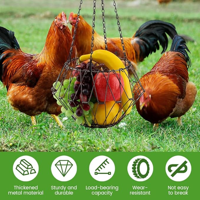 Hanging Chicken Feeder, 9.2 inches Large Poultry Vegetable Fruits Feeder Basket with 4Pcs Hanging Stainless Chain, Veggie Treat Ball for Chicken,Hens,Duck,Rabbit Coop(Size:1pc)