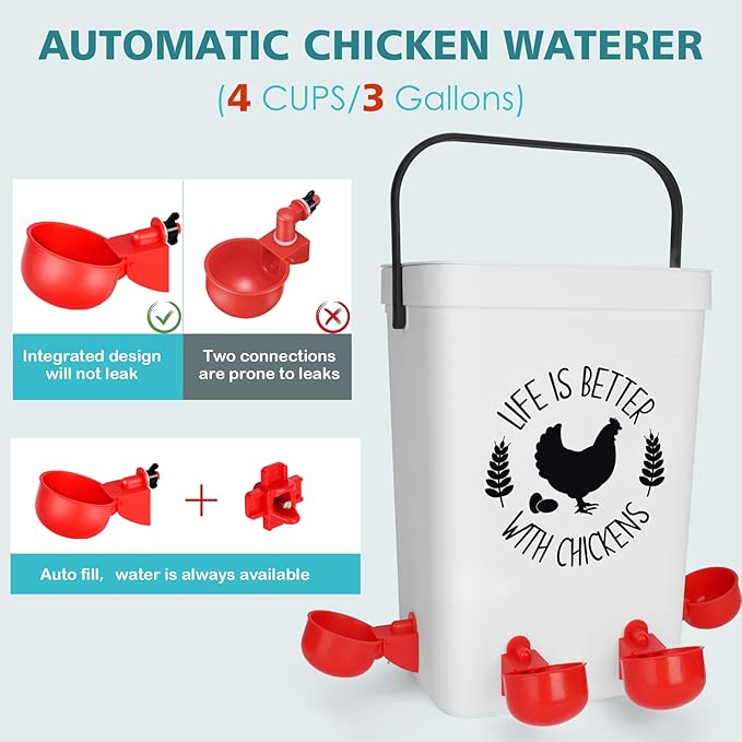 Tgeyd No-Waste Chicken Feeder & Waterer Set, 3 Gallon Automatic Waterer and 15 lb Hanging Feeder for Backyard Chickens, Modern Farmhouse Chicken Coop Essentials