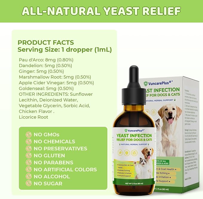 Natural Yeast Relief Drops for Dogs & Cats – 2 fl oz Herbal Ear & Skin Support for Itching, Paw Licking, Hot Spots & Odor Control – Apple Cider Vinegar & Goldenseal – Chicken Flavor Liquid Drops