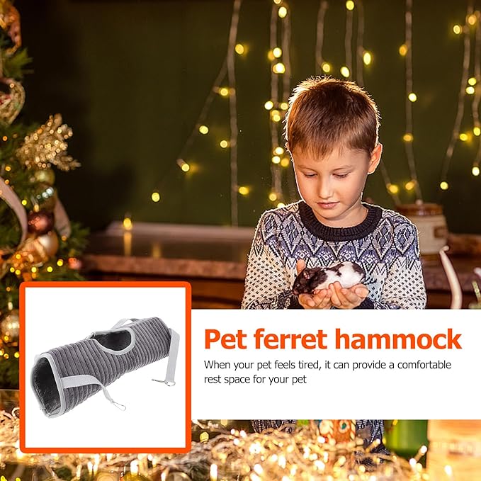 STOBAZA Small Animal Hammock and Tunnel Hanging Bed, Gray Fleece Pet Ferret Nest and Hamster Sleeping Accessory for Cage Habitat