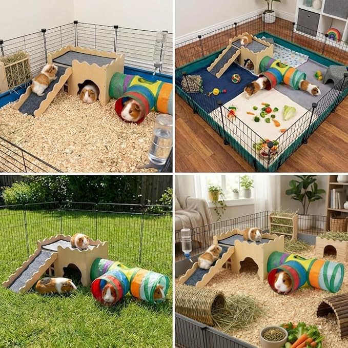 Wooden Guinea Pig Hideout Cave House, Guinea Pig Castle with Natural Cave-Style Entrance, Large Small Animal Habitat with Stairs, Waterproof Liner, Easy Assembly for Guinea Pigs, Rabbits & Hamsters