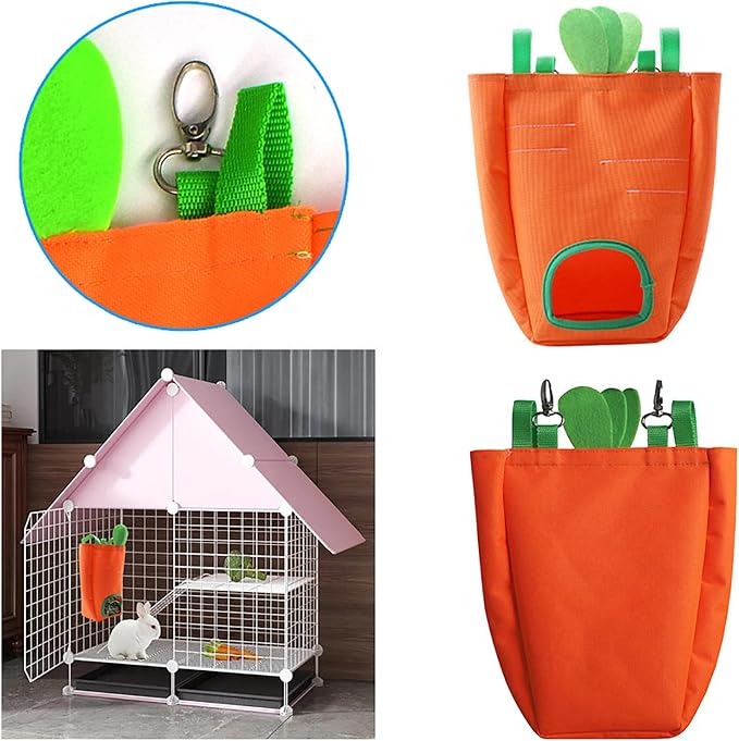 Rabbit Hay Feeder Bag for Cage Guinea Pig Timothy Hay Dispenser Storage Manger Hanging Large Less Waste for Bunny (Carrot)