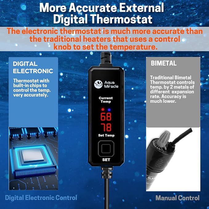 AquaMiracle Upgraded 15W Small Aquarium Heater Fish Tank Heater Turtle Heater Super Mini Aquarium Heater, Dry-Run/Overheating Protection and Memory Function, Dual LED Display, for 1-3 Gal Tanks